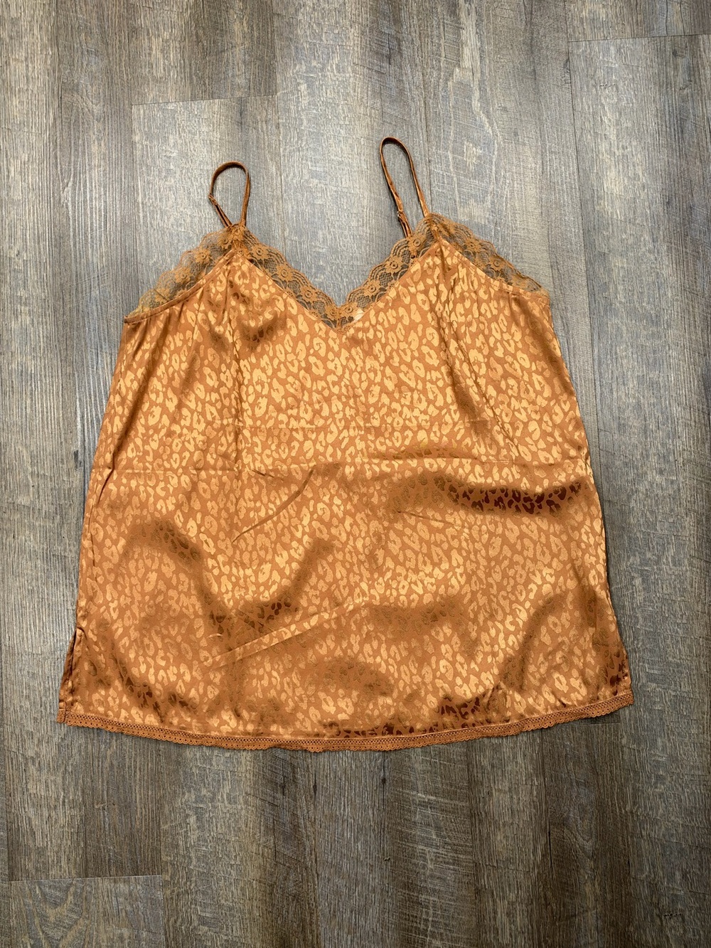 Plus size Satin Leopard-Print Cami with Lace Trim - Rust